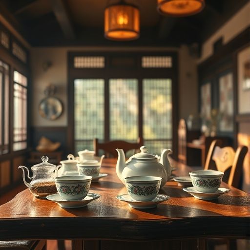 传统茶肆内的木桌和茶具