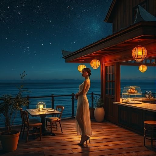 海边茶室的夜晚,星光与灯光交织