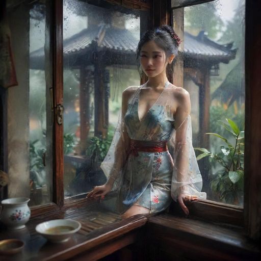 雨天茶室的静谧氛围