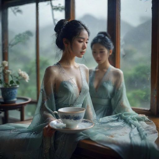 茶室窗边雨景与茶杯的唯美画面