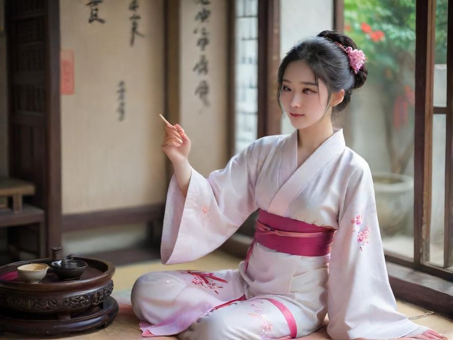 一位优雅的女性在雅致的茶室中,享受宁静的时刻