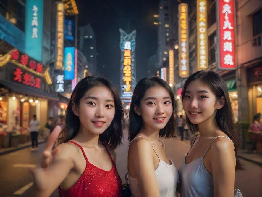 广州繁华的夜景，街道上车水马龙，远景处可见一个充满暖色调灯光的休闲场所入口，整体画面充满电影般的质感，展现了城市夜晚的魅力和休闲生活的诱惑。