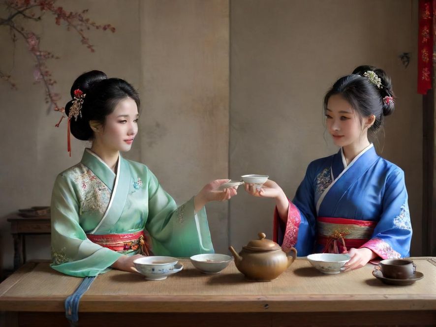 一位面容精致的茶艺师,正在优雅地为客人倒茶,特写镜头展现其专业手法与温暖的氛围。