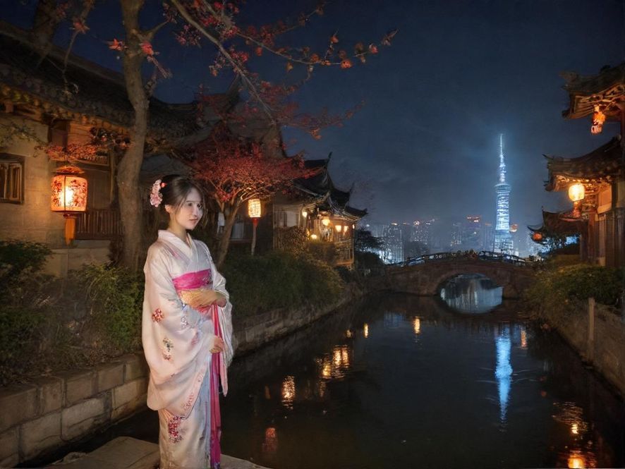 夜幕降临,高楼大厦灯火通明,街道上车水马龙,霓虹闪烁,充满赛博朋克风格的都市夜景,展现出城市的活力与神秘。