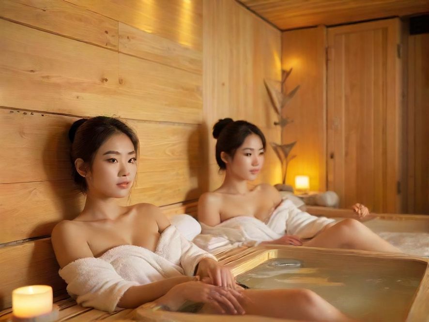 顾客在番禺海恒水汇桑拿享受水疗,面部表情舒适放松,置身现代简约风格的场所。