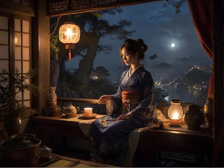 龙华夜间茶室外观,复古灯笼点缀,温馨氛围