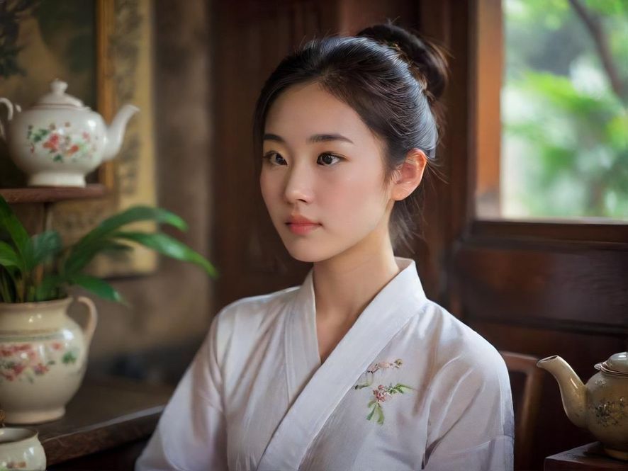 一位专业的茶艺师在古色古香的茶室中,侧面特写,专注于泡茶的唯美瞬间