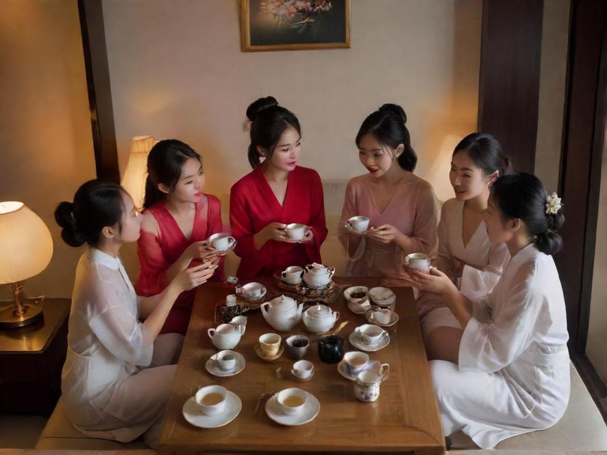 一场在现代简约风格茶室中进行的深圳品茶交流会,俯视构图,展现人们轻松交谈的场景