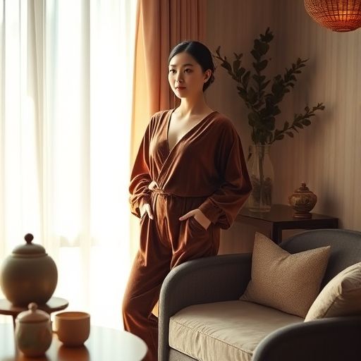 一个舒适的靠椅和旁边的小茶几,桌上摆着精致的茶具,光线柔和,营造出轻松惬意的氛围。