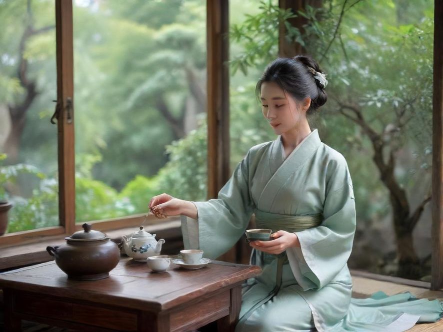 在温馨的茶室里,一位优雅的女性正在品茶,光线柔和,氛围宁静而雅致。