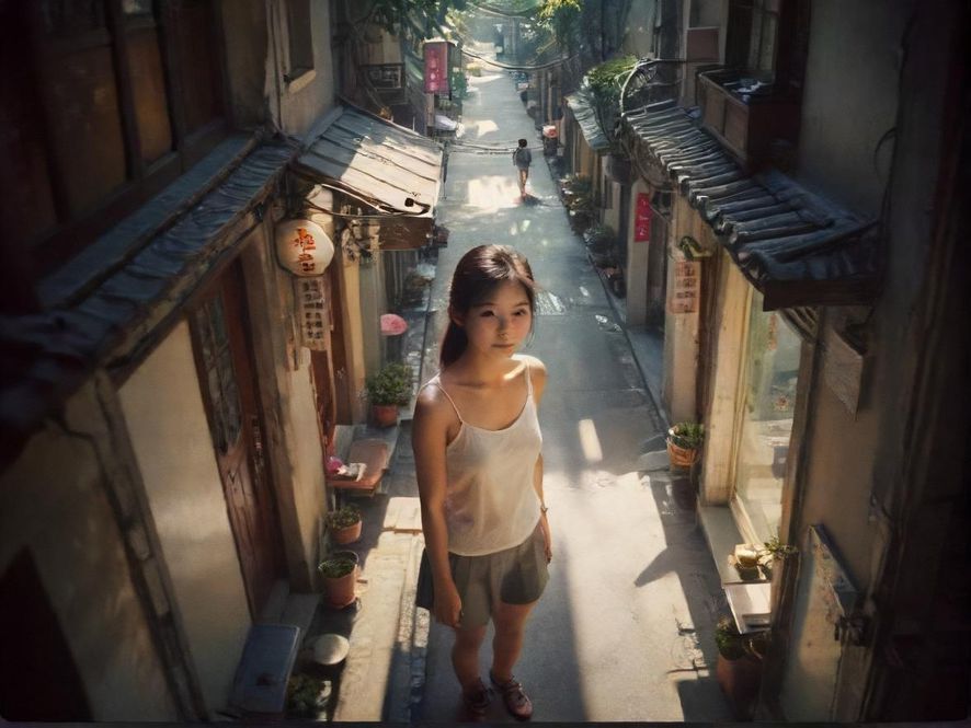 深圳小巷里隐藏的咖啡馆,阳光洒在老旧的墙壁上,充满复古韵味。