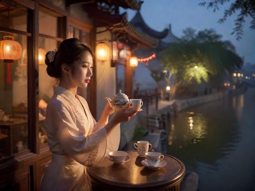 南京秦淮河畔茶室唯美场景