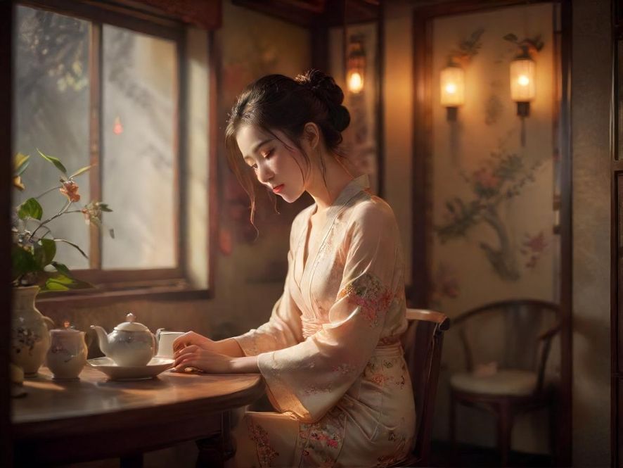 一间布置舒适，光线柔和的休闲茶室