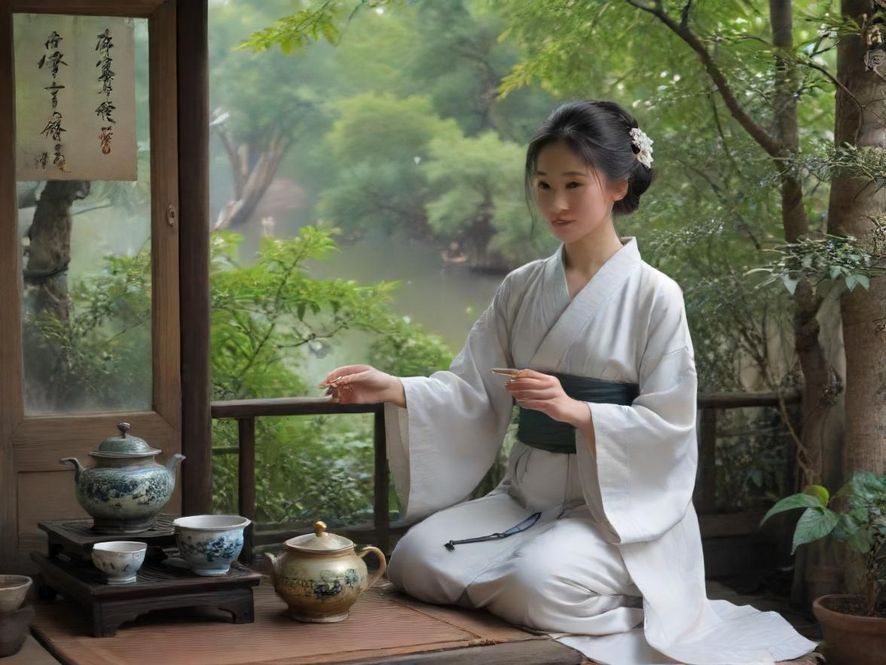 一位柔美女子手持精美茶具,特写镜头下呈现出艺术摄影般的质感,背景是奢华的私人会所,尽显高雅品味。