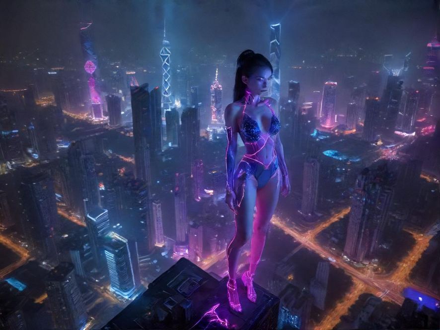 深圳都市夜景,俯视视角,赛博朋克风格,高楼大厦