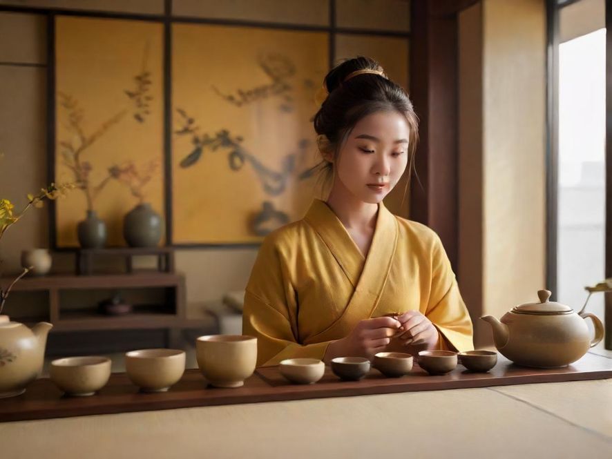 一个充满禅意的高端茶道空间,光线柔和,茶具精致,营造出宁静雅致的氛围。