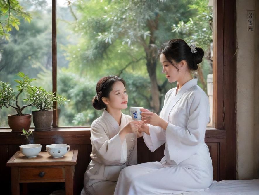 在雅致茶室中,一位身着轻纱的女子在暖色调光影下轻柔曼舞,营造出电影般的温馨私密空间,令人心神荡漾。