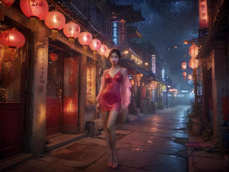 夜色下的花都街道，灯光璀璨，充满神秘感。