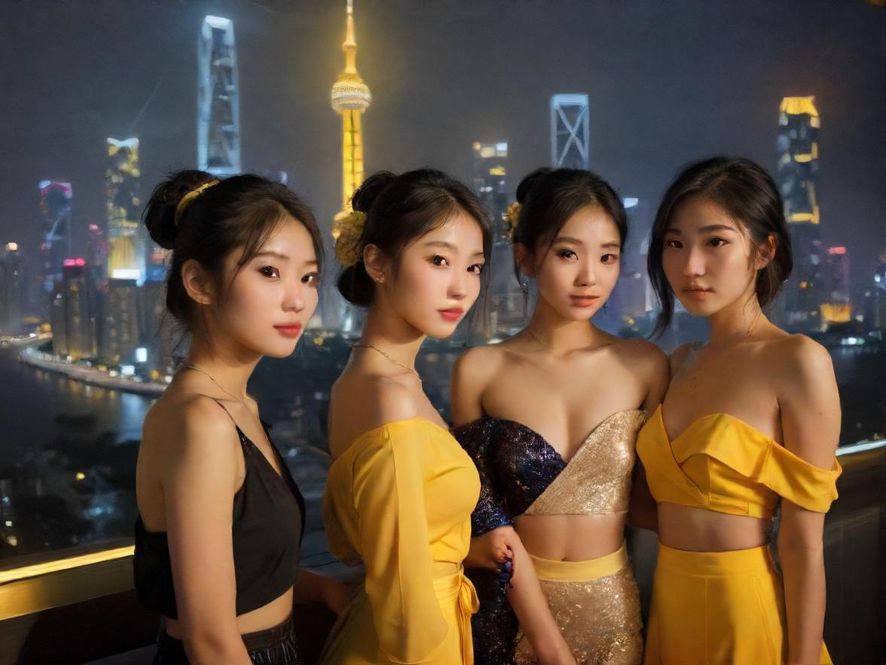 广州夜景下的朋友聚会场景