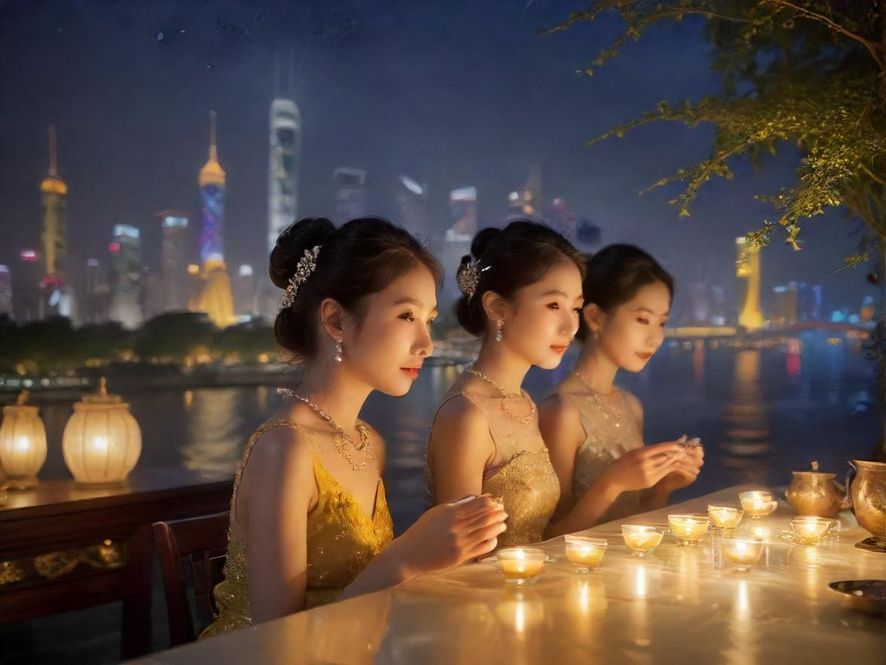 广州佳丽与客户品茶交流，珠江夜景下的唯美画面