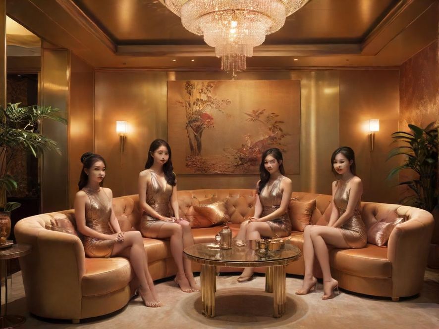 金丝阁内部一角,宽敞明亮的茶室,暖色调的灯光下,舒适的沙发和精致的摆件营造出温馨奢华的氛围。