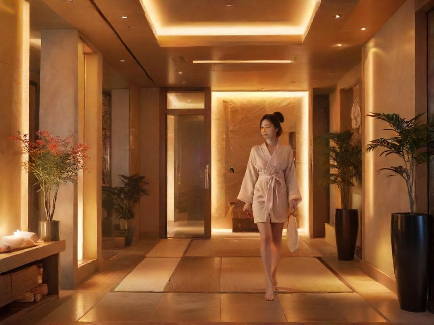 广州红洋皇宫水疗中心的入口，灯光柔和，设计现代而高端，预示着一场奢华体验的开启。