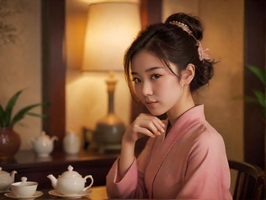 深圳一隅,精致的茶室内部,暖色调的灯光营造出宁静而富有禅意的氛围。