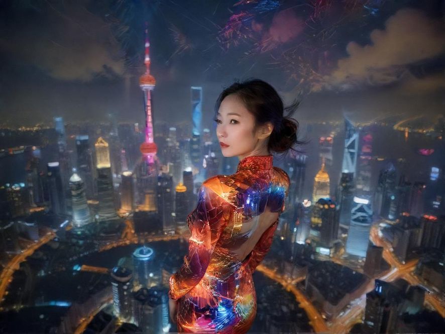 上海夜景与论坛信息流融合的抽象图