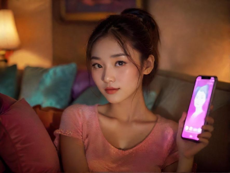 手机屏幕上的聊天界面，聚焦显示对话内容，背景是室内沙发