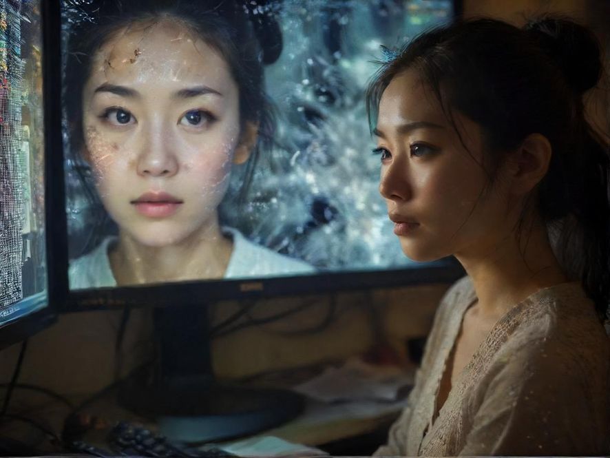 一个男人在电脑前，屏幕上是混乱的信息，表情困惑