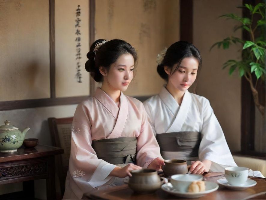 在一家温馨典雅的私密茶室里，两位衣着考究的男女正在低声交谈，茶香氤氲，光线柔和，营造出一种私密而舒适的氛围。