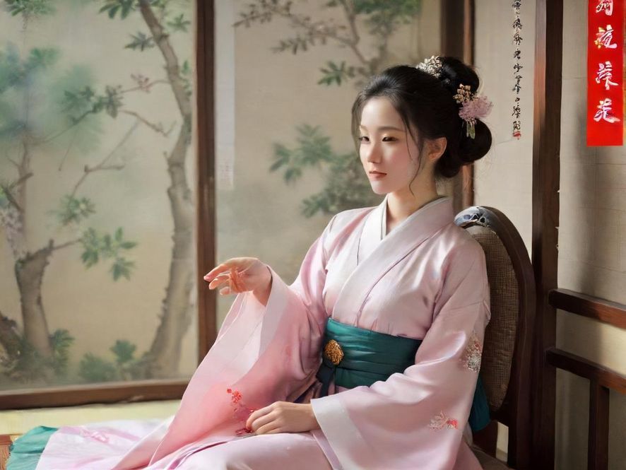 一位女性在光线柔和的雅致茶室中,背对镜头,享受宁静时刻。