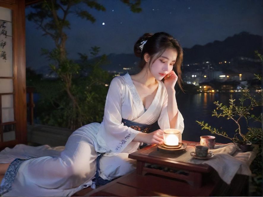 一位气质优雅的女性,专注而享受地品尝着香茗,窗外是广州朦胧的夜景,意境深远。