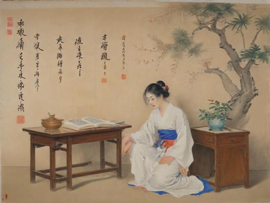 一位和蔼的老师正在明亮的教室里,俯视着指导几位学生进行手工创作,画面温馨和谐,充满学习的乐趣。