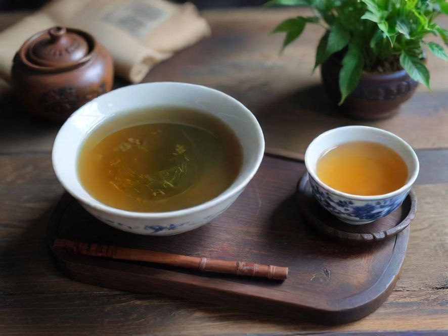 一位茶艺师正在专注地进行泡茶,特写镜头聚焦于她优雅的双手和精致的茶具,暖色调的光影营造出一种沉浸式且温馨的氛围。