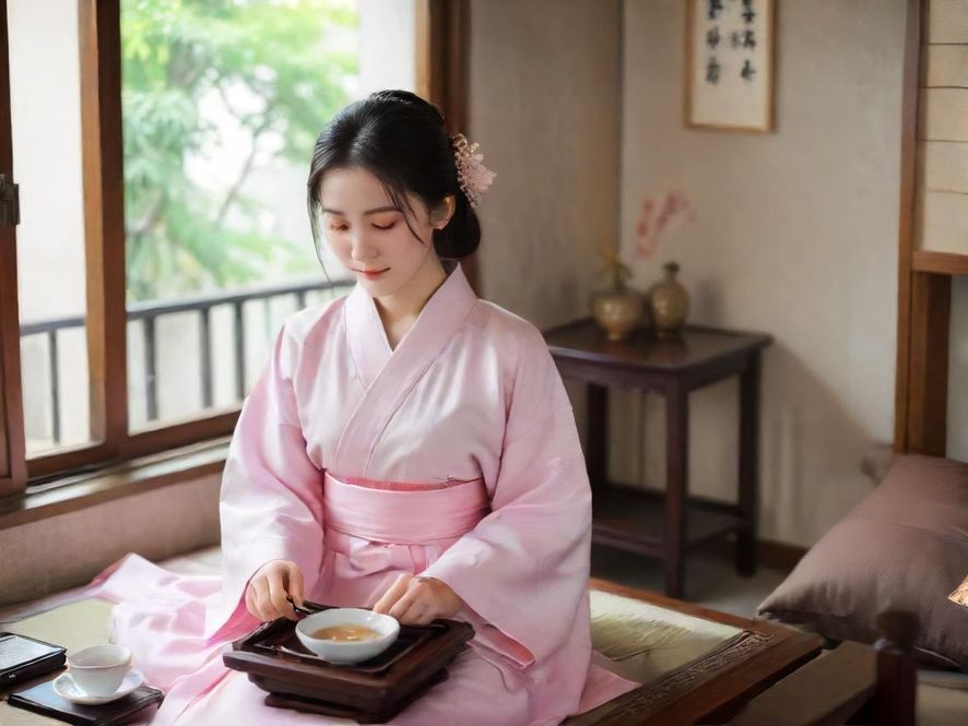 一位气质优雅的女孩在雅致的茶室中,侧颜特写,光线柔和,营造出宁静唯美的意境。