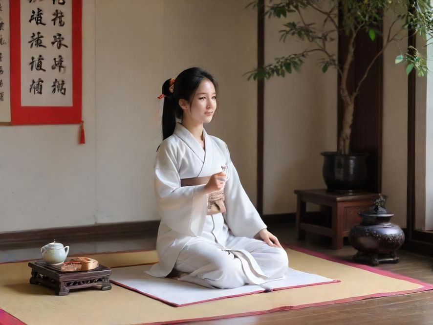 风楼阁内部,展现传统园林风格和东方美学,营造古朴雅致的茶室氛围。