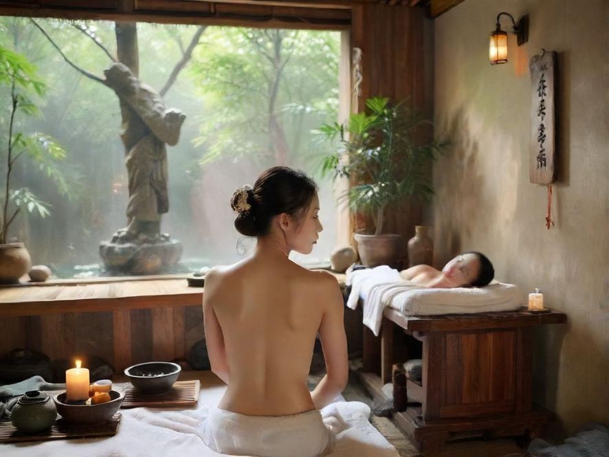 一间布置豪华的SPA房间,灯光柔和,鲜花点缀,营造出温馨私密的氛围。