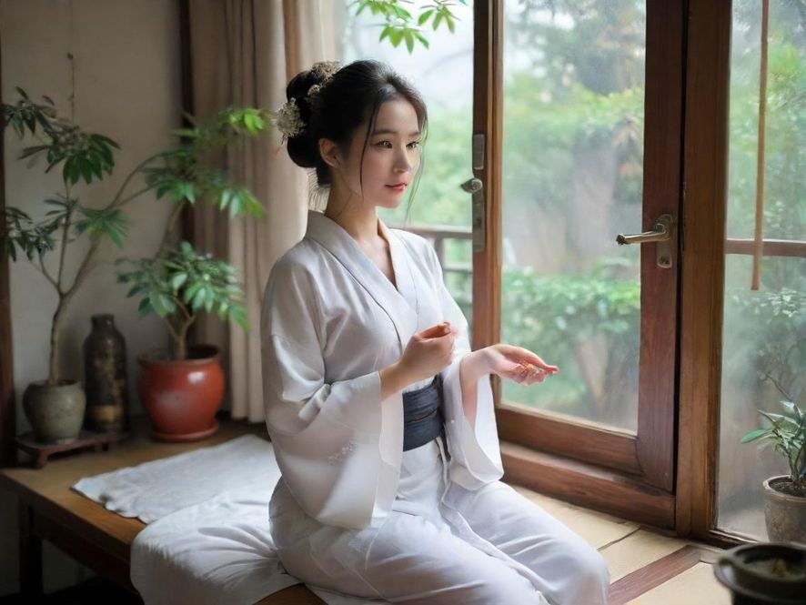 一位年轻女性在家中休闲放松,手持手机浏览柔式SPA论坛页面,脸上带着满足的笑容。