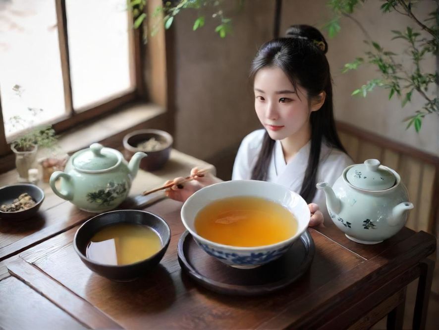 一位女士在衢州雅致茶室中轻柔品茗,享受片刻宁静