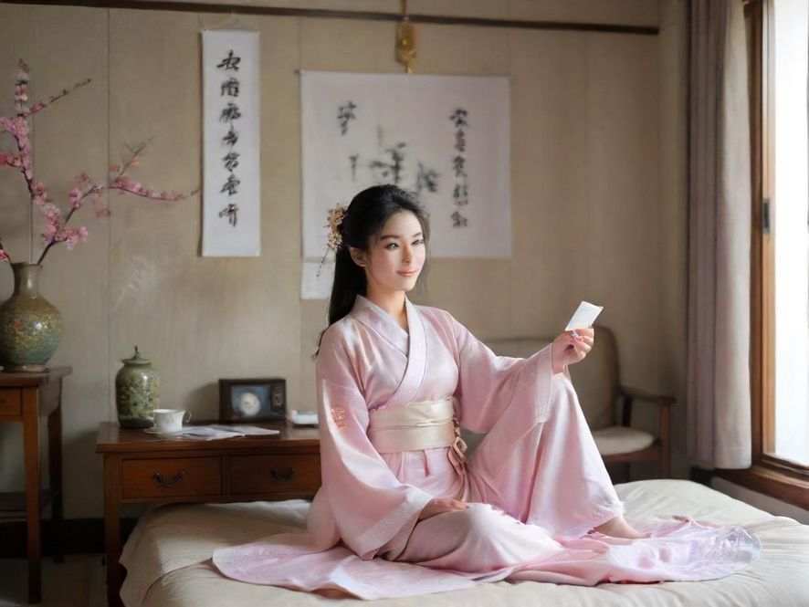 在柔和光线下的温馨茶室，一位优雅女性的背影，享受着宁静的茶道时光