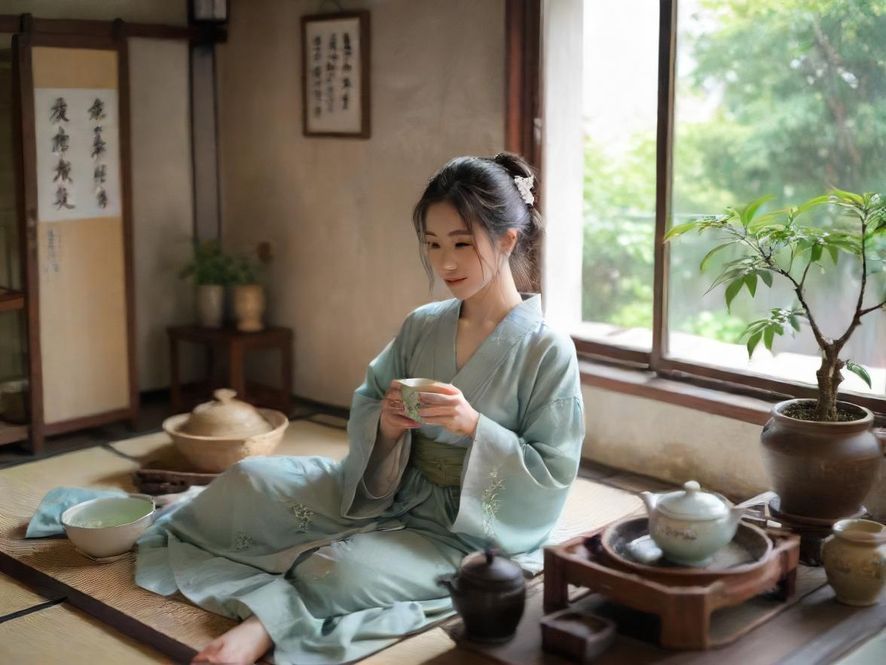 一位气质优雅的茶艺师在深圳品茶工作室中,以专业手法冲泡茶水,画面温馨宜人。