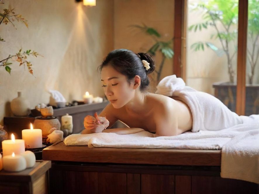 广州一家桑拿会所内,一间私密的SPA理疗室,柔和的灯光下,房间装饰呈现禅意风格,从俯视角度展现其宁静舒适。