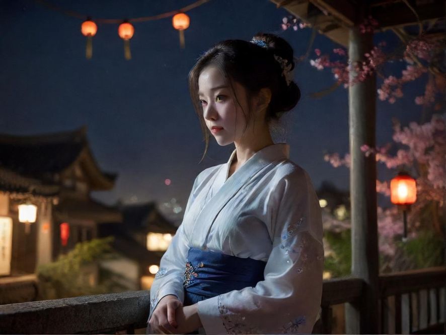 一位女士在城市阳台凝视夜景,寻求片刻宁静与新的灵感