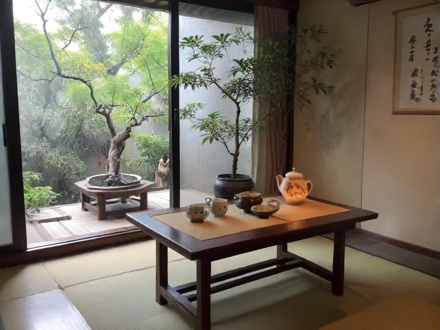 一间温馨典雅的茶室,摆放着精致的茶具和鲜花,光线柔和,氛围宁静。