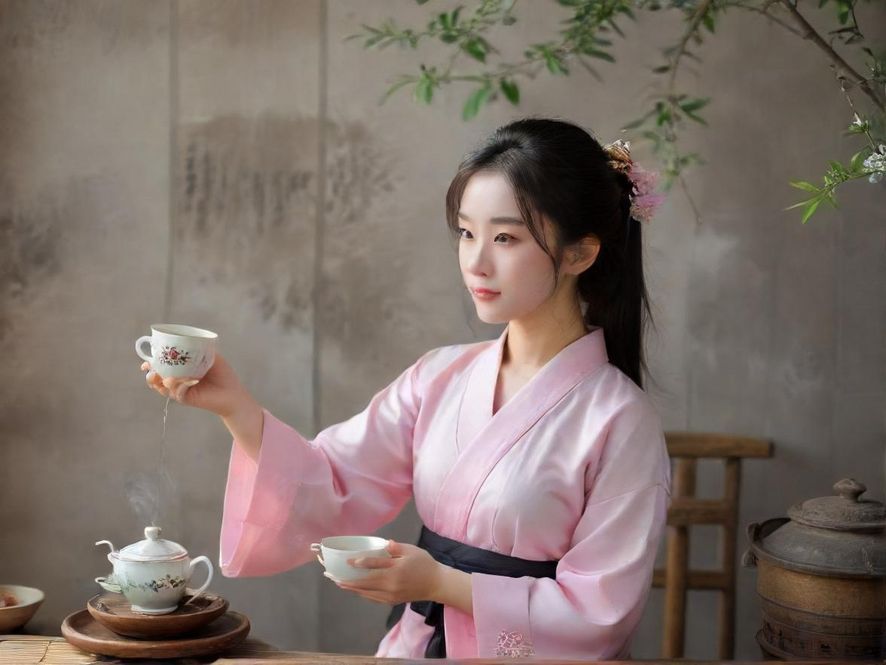 一位气质优雅的女士在温馨私密的茶室中,轻柔地端起茶杯,窗外透进柔和的光线,营造出宁静放松的氛围。